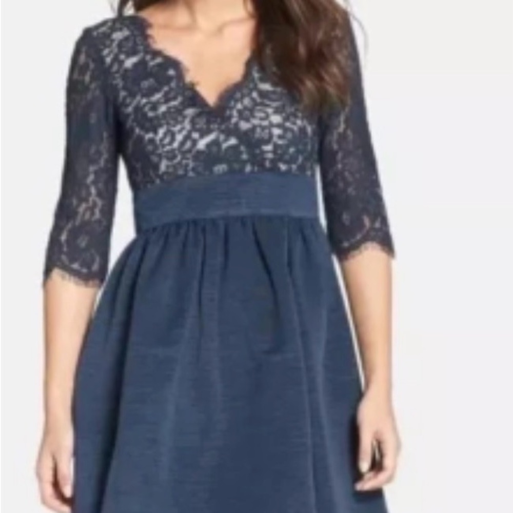 Eliza J navy lace fit and flare dress with POCKETS!!